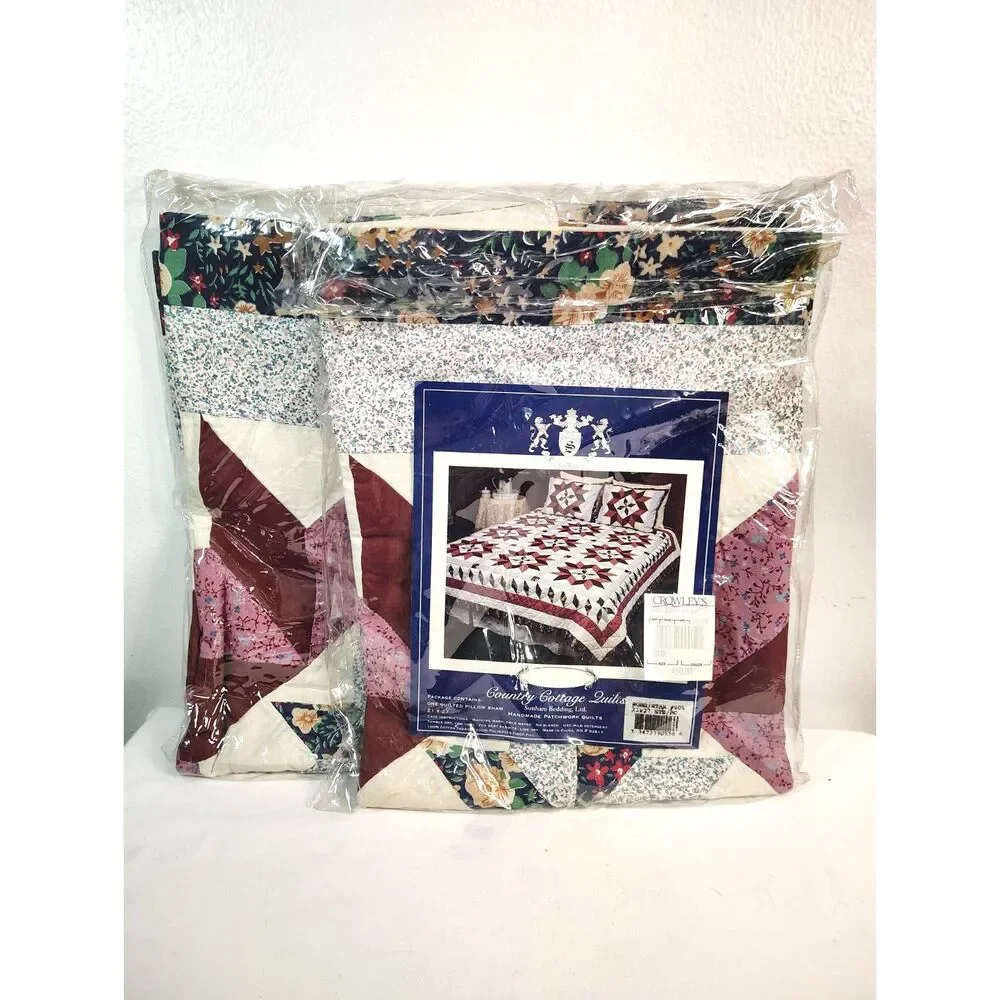 NOS Vtg Country Cottage Quilts Burgundy Star Patchwork Quilt Shams Set